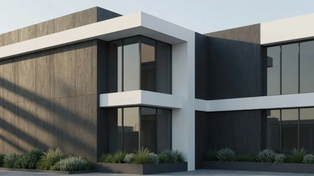 Best exterior paint colors for commercial buildings — modern building facade with charcoal gray and crisp white exterior, large glass windows with dark trim in natural daylight