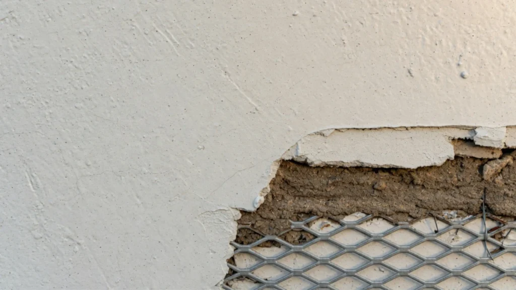 What is stucco — close-up of exterior stucco wall showing natural off-white sand finish texture with visible metal lath, brown coat, and finish coat layers